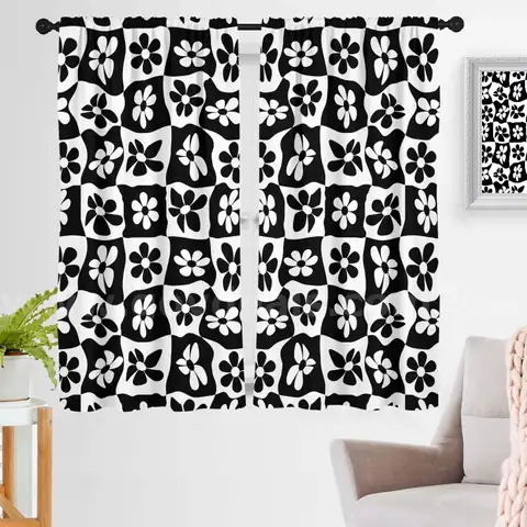 Brand New - 42&#x22;x 63&#x22; Black Floral Window Curtain White Flowers Checkered  - Shipping Available