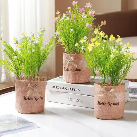 Brand New - 3Pcs Hello Spring Artificial Flowers with Burlap Bag Vases - Shipping Available