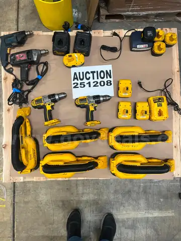 Dewalt Battery Powered Vacuums and Drills, 2 traditional Drills w/plugs, misc. batteries