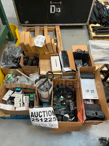PALLET OF MISC. PARTS (MIC'S, CORDS, BRACKETS)