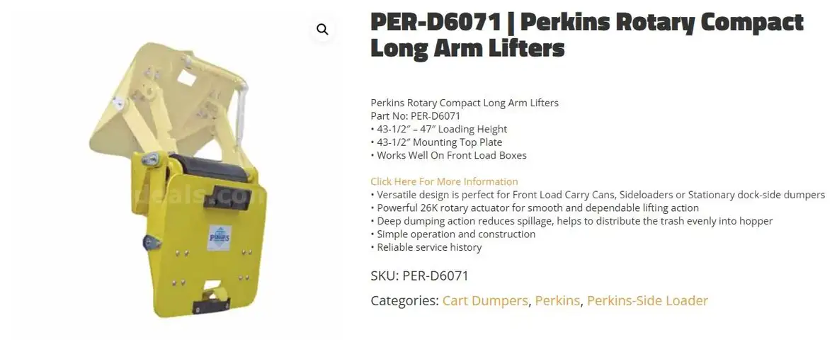 NEW - Perkins Rotary Compact Long Arm Lifter for Rear Loading Garbage Truck - NEVER USED