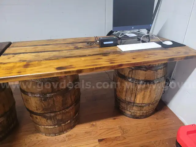 1 of 1 - 6.5 FT Long Whiskey Barrel Table