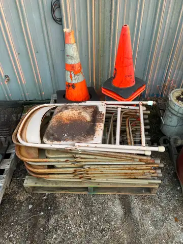 Lot of Used Metal Folding Chairs & Traffic Cones