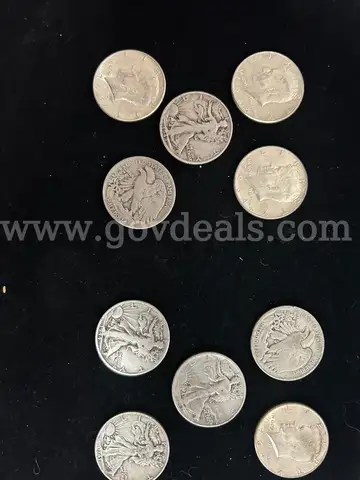 TEN HALF DOLLAR COINS; (6) WALKING LIBERTY; (4) 1964 KENNEDY