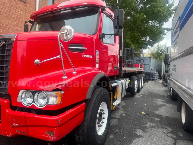 2014 Volvo VHD Tri/A Flatbed Truck w/ 2015 Moffett M8 55.4P Truck Mounted Forklift