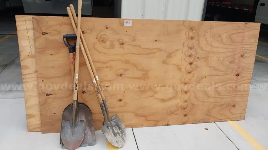 Miscellaneous hardware, shovels, plywood, fluids Lot #7