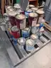 pallet of gallon buckets of assorted used paint