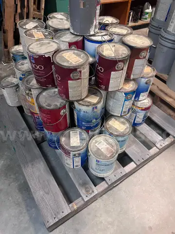 pallet of gallon buckets of assorted used paint