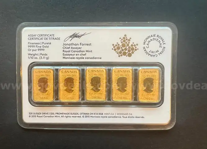 5 (Five) 1/10 oz Gold Bars, Royal Canadian Mint, .9999 fine gold confirmed