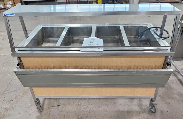 4-Well Hot Serving Bar with Sneeze Guard and Drop-Down Shelf