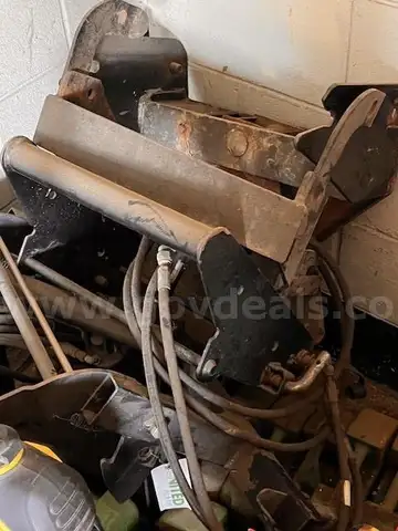 Lockers, 3 each Metal Desks, 7 Cabinets, 1 John Deer Tractor (small) Old Tractor attachments