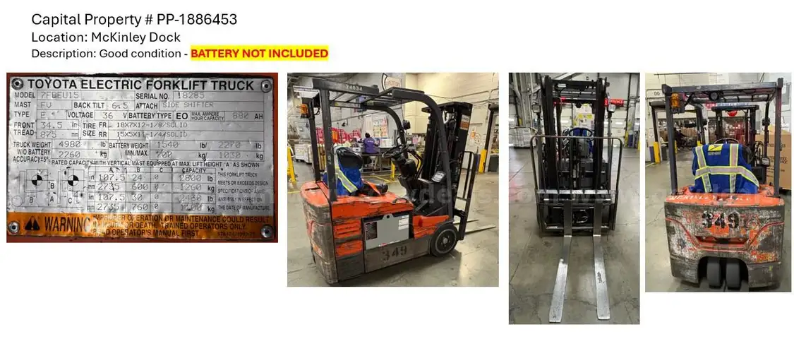 LOT OF 5 Toyota FORKLIFTS AND 1 Toyota TOW TRACTOR - BATTERIES NOT INCLUDED - working when taken out of service