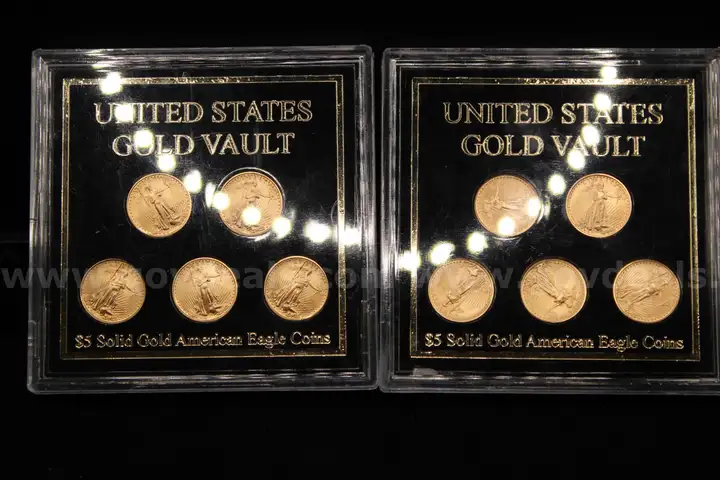 Lot of (2)- &#x22;United States Gold Vault&#x22; $5 Solid Gold American Eagle coins in frame (five coins in each)