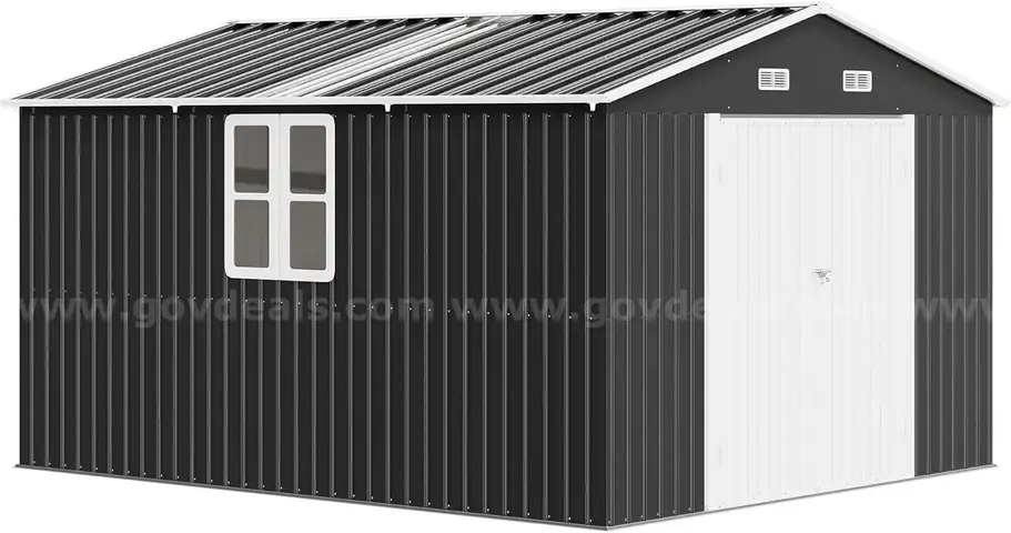 FREE SHIPPING - NEW - 10x12x7 FT Metal Outdoor Storage Shed w/ Double Doors, Windows & Transparent Panels – Dark Gray