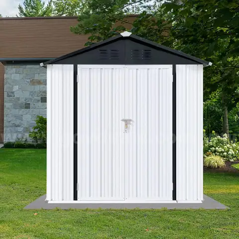 FREE SHIPPING - NEW - 4x6 FT Metal Outdoor Storage Shed w/ Apex Roof &#x26; Lockable Doors &#x2013; White/Black