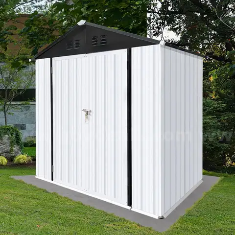 FREE SHIPPING - NEW - 4x6 FT Metal Outdoor Storage Shed w/ Apex Roof & Lockable Doors – White/Black