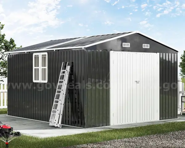 FREE SHIPPING - NEW - 10x12x7 FT Metal Outdoor Storage Shed w/ Double Doors, Windows & Transparent Panels – Dark Gray