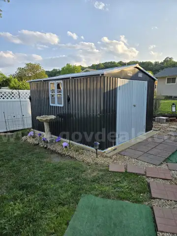 FREE SHIPPING - NEW - 10x12x7 FT Metal Outdoor Storage Shed w/ Double Doors, Windows & Transparent Panels – Dark Gray