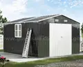 FREE SHIPPING - NEW - 10x12x7 FT Metal Outdoor Storage Shed w/ Double Doors, Windows & Transparent Panels – Dark Gray
