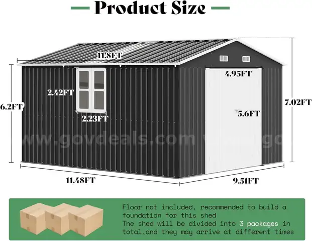 FREE SHIPPING - NEW - 10x12x7 FT Metal Outdoor Storage Shed w/ Double Doors, Windows & Transparent Panels – Dark Gray