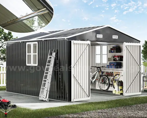 FREE SHIPPING - NEW - 10x12x7 FT Metal Outdoor Storage Shed w/ Double Doors, Windows & Transparent Panels – Dark Gray