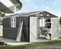 FREE SHIPPING - NEW - 10x12x7 FT Metal Outdoor Storage Shed w/ Double Doors, Windows & Transparent Panels – Dark Gray