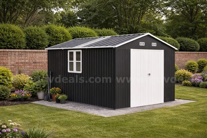 FREE SHIPPING - NEW - 10x12x7 FT Metal Outdoor Storage Shed w/ Double Doors, Windows & Transparent Panels – Dark Gray