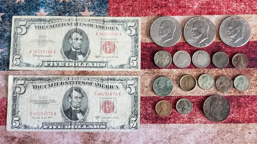 Old $5 Red Notes and Old Coins