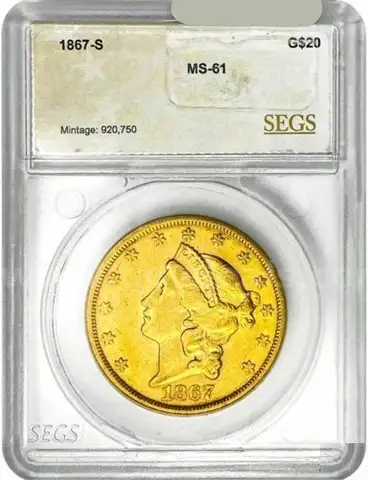 Beautiful Liberty Head $20 Gold Coin 1867-S SEGS Graded MS61