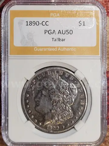 Stunning 1890-CC Morgan Silver Dollar PGA Graded AU 50 Tailbar