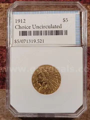 Beautiful 1912 $5 Gold Half Eagle Choice Uncirculated