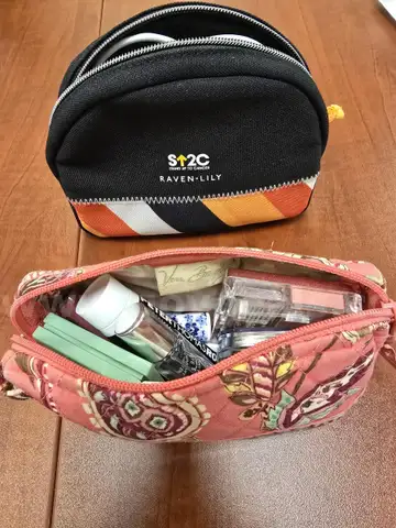 Make up bags and leather travel case (misc. items in bags)