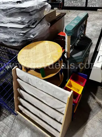 Lot of Bookshelf, Storage Cabinet, Bookshelf Shapes, Toy Kitchen, 2 Boxes of Binders