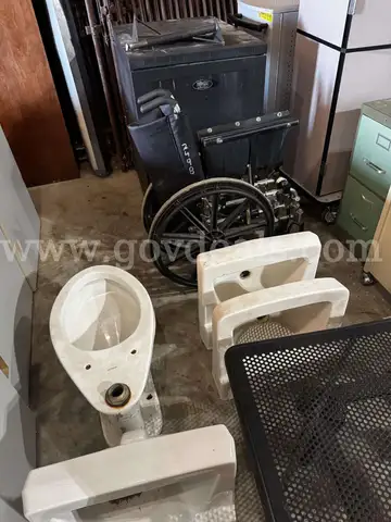 Lot of Toilet Bowl, (3) Sinks, Wheelchair, Tech Cabinet