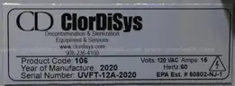 Used-2020 Clordisys Solutions 106 Ultra Violet Sterilizer Fl