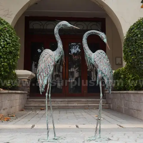 Kircust Garden Crane Statues Standing Metal Patina Heron