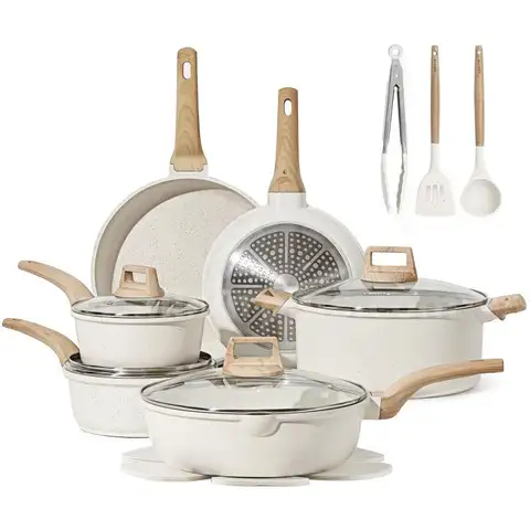 CAROTE 16 Piece Pots and Pans Set, Nonstick White Granite