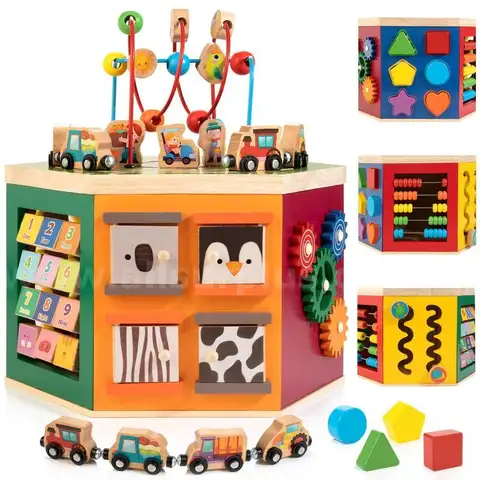WOODMAM 9-in-1 Large Activity Cube, Farm-Themed Wooden Play