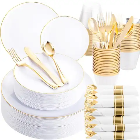 WELLIEFE 700 PCS Gold Plastic Dinnerware Set for 100