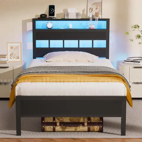 Furnulem Twin Bed Frames with Charging Station and LED