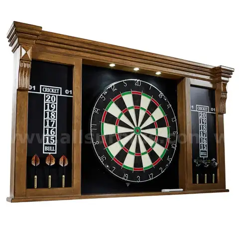 Barrington Woodhaven Dartboard LED Display Wood Cabinet with 18in Bristle Dartboard and Steel Tip Dart Set Perfect