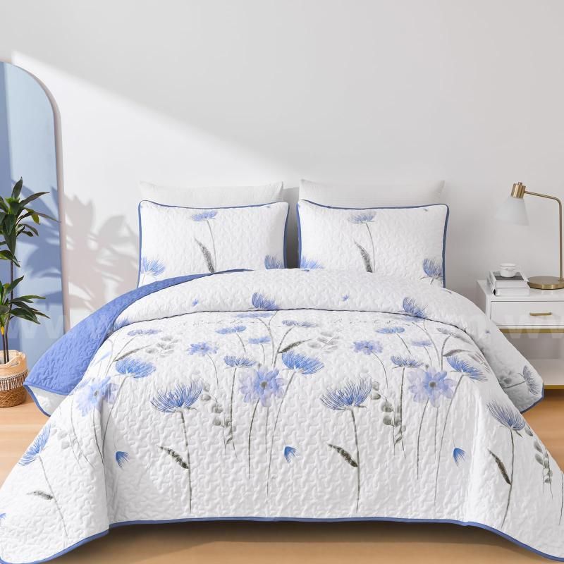 King Size Quilt Set Floral3 Pieces Blue White Quilts