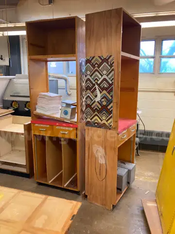 Lot of 6 wood cabinets - 2 tall/skinny, 4 short/wide
