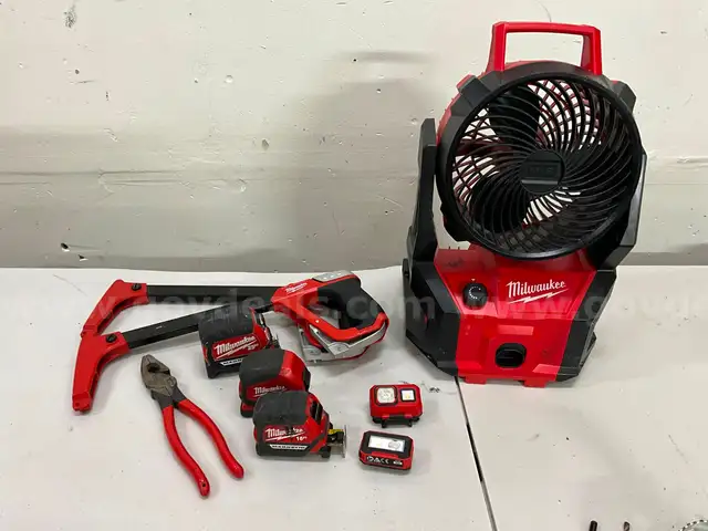 Lot of Milwaukee Tools, M18 Packout Fan, Hack Saws, Tape Measures, Cutters, Lights