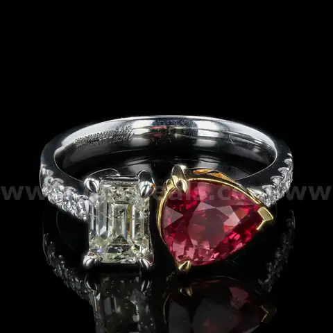 Pear Shaped Ruby and Emerald Cut Diamond Ring