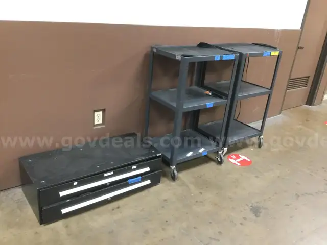 2 ROLLING TOOL CARTS AND 1 TOOL CABINET