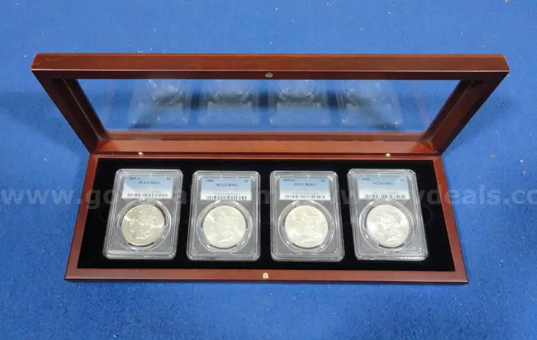 Lot of 4 Brilliant Morgan Dollars &#x2013; PCGS MS63 &#x2013; In Elegant Gift Box (Lot #11)
