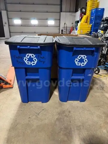 Lot of 2 Blue 50 Gallon Commercial Recycling Containers/Toters with Wheels and Lid