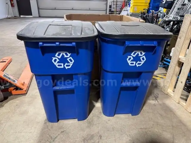 Lot of 2 Blue 50 Gallon Commercial Recycling Containers/Toters with Wheels and Lid
