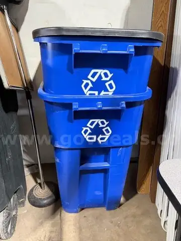 Lot of 2 Blue 50 Gallon Commercial Recycling Containers/Toters with Wheels and Lid